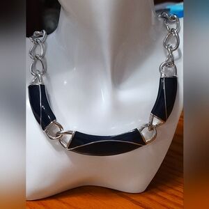 Vintage MONET 80's Silver Tone Navy Enamel Statement Necklace. Preloved.